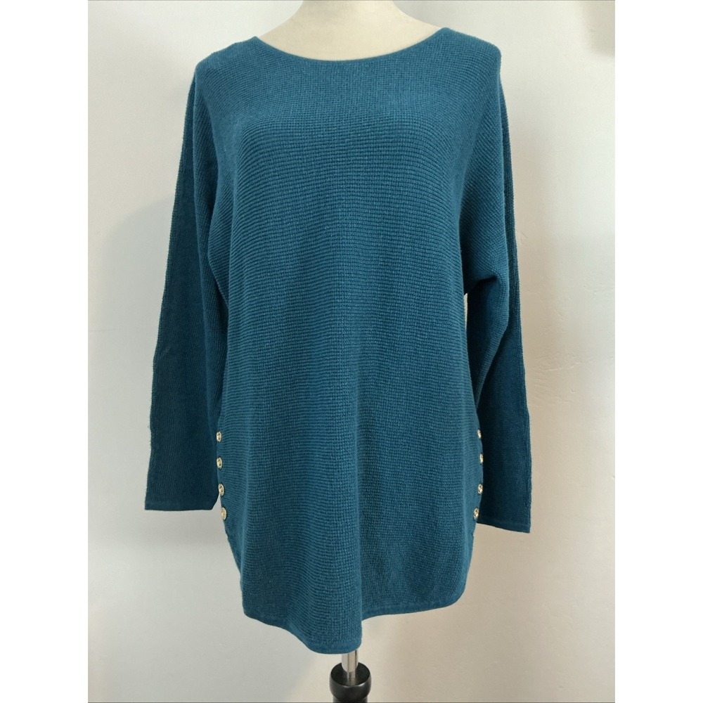 Michael Kors Teal Textured Knit Boat Neck Sweater Buttons Size‎ L